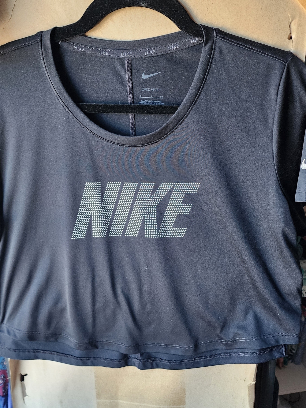 Nike Black Crop Tee with Silver Diamond Dotted Logo. Small. New.